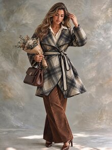 Ceyna Plaid Lapel Tie Waist Wool Blend Mid-Length Coat - Multicolor - View 5