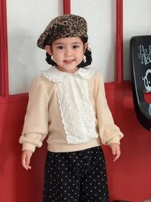 Dazy Kids Infant/Toddler (Girl) Heavy Lace Korean Style Velvet Feel Autumn/Winter Long Sleeve Sweatshirt - Apricot - View 8