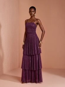 JIAN LASALA 女款波西米亞風網紗層次喇叭袖無袖可調節肩帶連身裙 度假休閒款 - 紫色 - 查看 3