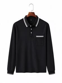 Calvornis 男士口袋鈕扣半開襟對比色長袖 Polo 衫 - 黑色 - 查看 5