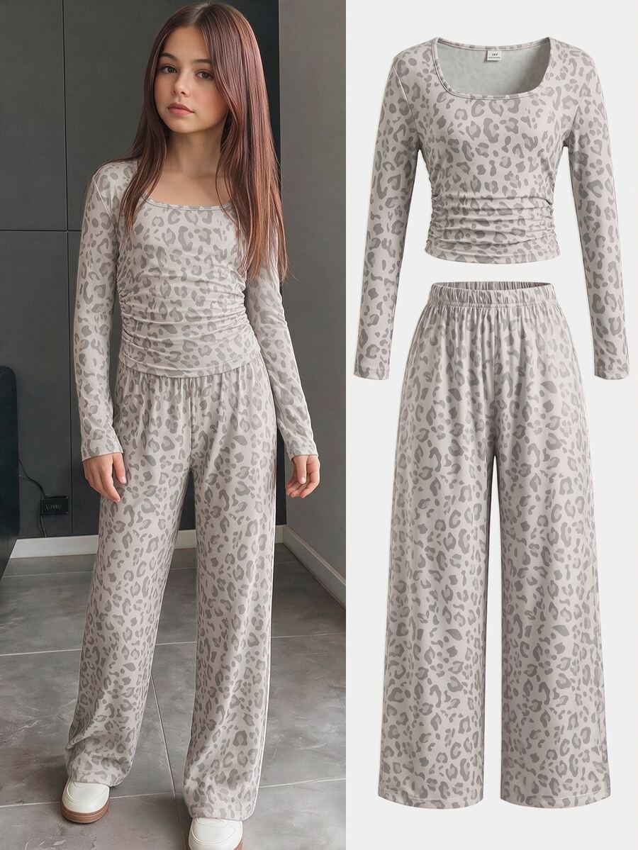 SHEIN Tween Girls Autumn/Winter Casual Minimalist Brown Knit Textured Square Neck Fitted Ruched Long Sleeve T-Shirt And Loose Straight Leg Pants Set - Multicolor - View 1