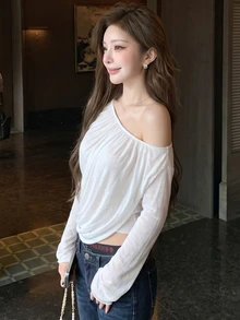 DAZY Minimalist Sexy Hot Girl Style Asymmetrical Shoulder Mesh Patchwork Long Sleeve T-Shirt, Slim Fit Flattering Design Top For Early Autumn, Versatile And Elegant - Beige - View 5