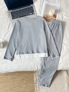 Girls' Simple Elegant Solid Gray Fabric Comfortable Long Sleeve Pants 2 Pieces Loungewear Set - Grey - View 2