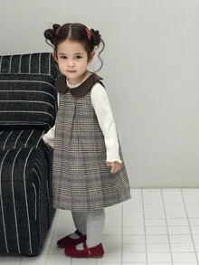 Dazy Kids Infant/Toddler (Girl) Korean Style Plaid Peter Pan Collar Dress - Khaki - View 6