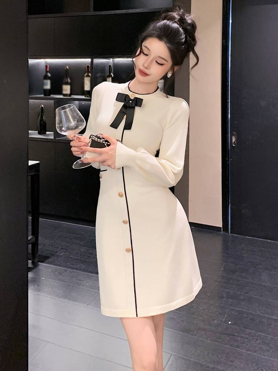 DAZY Women's Bow Decor Single-Breasted Long Sleeve Elegant Knit Dress - Beige - View 1