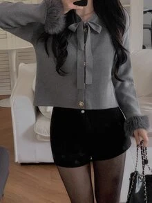 DAZY Women's Tie-Neck Casual Versatile Daily Wear Cardigan - Grey - View 6