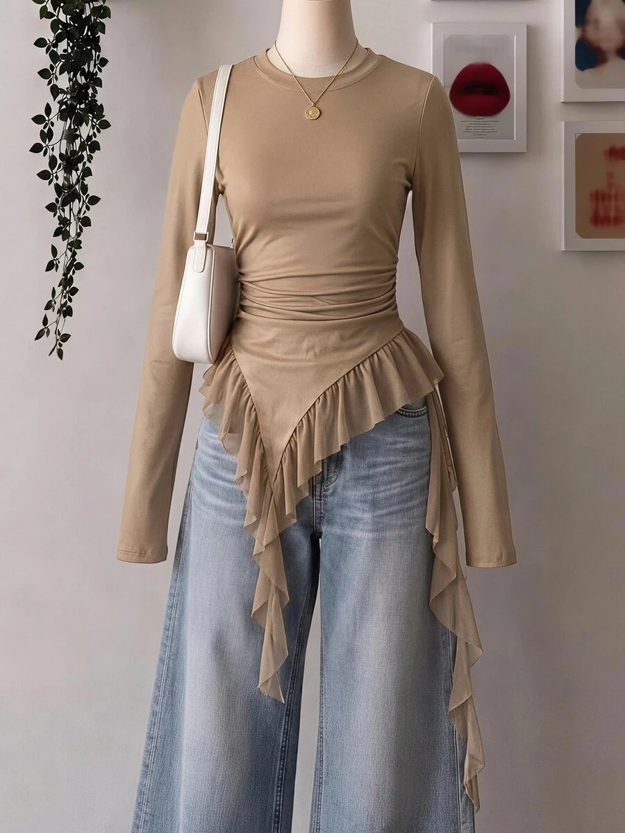Livesso Women's Elegant Solid Color Ruffle Hem T-Shirt Fall - Brown - View 1