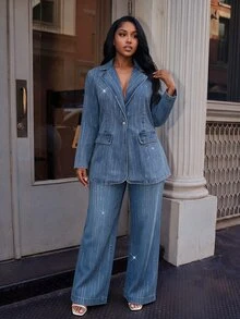 BriallanyX BriallanyX Plus Size Women's Rhinestone Casual Daily Denim Jacket - Blue - View 2