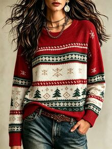 INAWLY Christmas Style Crew Neck Fair Isle Jacquard Sweater, Vintage Christmas Tree & Snowflake Contrast Color Long Sleeve Knit Top - Multicolor - View 2
