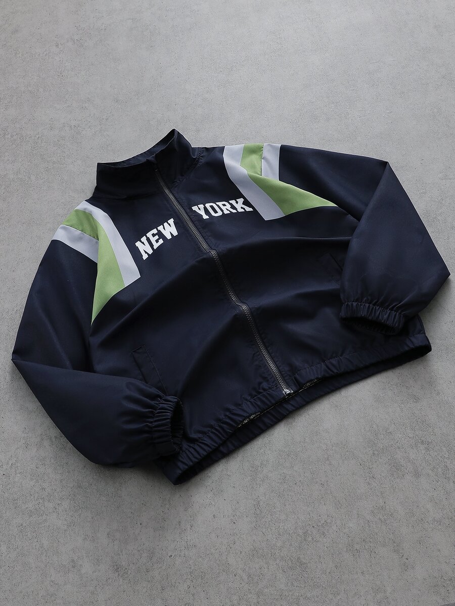 SHEIN 大童男孩拼接色 NEW YORK 字母印花立領拉鍊防風夾克外套,休閒長袖彈性袖口運動外套,適合春秋穿著 - 藍色 - 查看 1