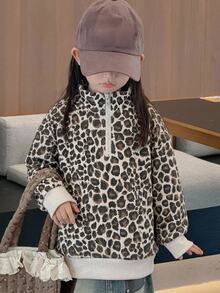 Dazy Kids 少女休閒寬鬆豹紋印花運動衫 - 灰色 - 查看 5
