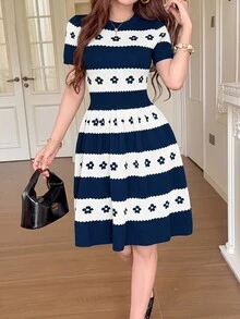 Feyla Women's Jacquard Colorblock Short Sleeve Waist-Cinching Knit Dress - Navy Blue - View 5