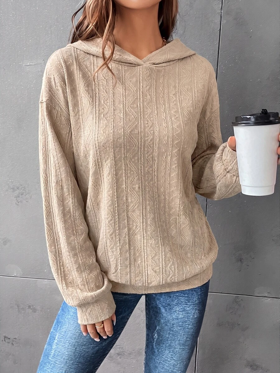 SHEIN LUNE 素色落肩連帽衛衣,秋冬長袖上衣,休閒風 - 深灰色 - 查看 1