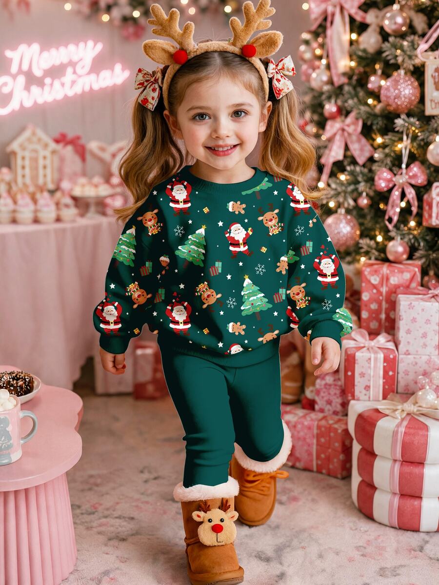 Baby Girl Vintage Christmas Tree Print Crew Neck Sweatshirt And Elastic Waist Long Pants Set, Christmas Eve Atmosphere - Multicolor - View 1