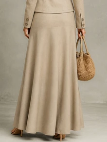 Linhara CURVE Plus Size Solid Color Single-Breasted Long Sleeve Top And Skirt Casual 2 Pieces Set - Apricot - View 7