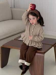 DAZY 嬰兒/幼兒（女童）荷葉邊飾休閒韓風純色秋冬長袖開襟衫 - 卡其色 - 查看 10