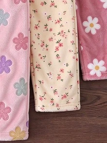 3件組幼兒印花法蘭絨長褲，柔軟毛絨鬆緊腰休閒褲，可愛花卉印花直筒寬鬆版型 - 彩色 - 查看 4