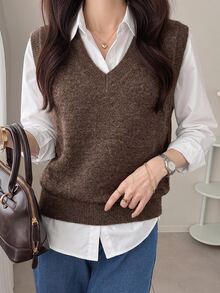 DAZY Solid V-Neck Sweater Vest Without Blouse,Fall Clothes - Brown - View 5