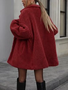 Aveloria Modichic 女款寬鬆休閒優雅泰迪羊羔絨翻領單排扣側口袋深紅色素色冬季新年外出外套 - 紅色 - 查看 2