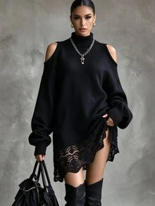 Omancia Elegant High Neck Cold Shoulder Lantern Sleeve Design Women's Knit Top - Black - View 1