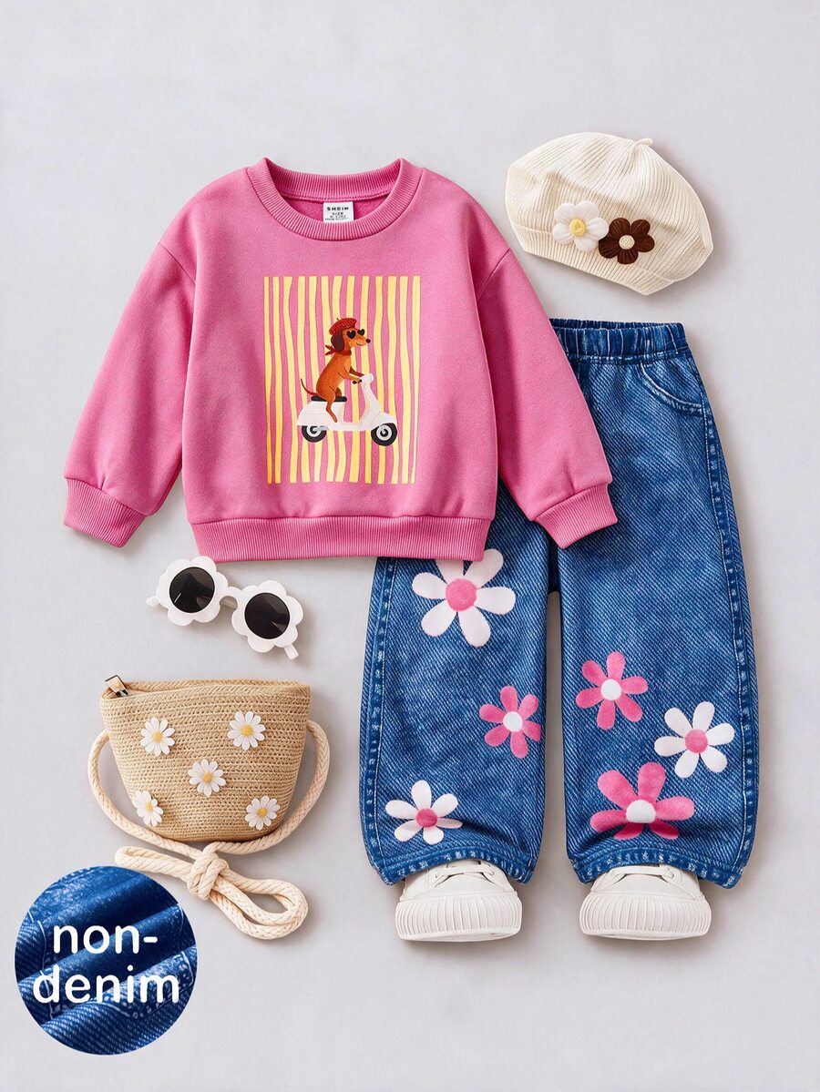SHEIN Babygirl Cute Autumn/Winter Casual Floral Pattern Sweatshirt & Pants Set - Multicolor - View 1