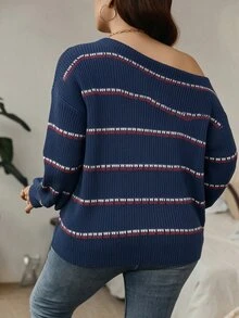 Calvaya Plus Size Women's Striped Asymmetrical Shoulder Casual Daily Long Sleeve Sweater - Multicolor - View 2