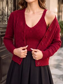 SHEIN مجموعة من قطعتين للنساء: توب بدون أكمام وكارديجان محبوك بأكمام طويلة وفتحة صدر واحدة - عنابي اللون - مشاهدة 4