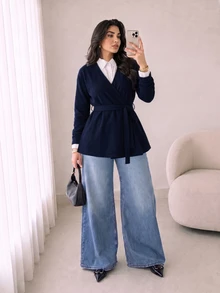 Solavon Plus Size Solid Color Long Sleeve Streetwear Sweater For Daily Wear - Navy Blue - View 6