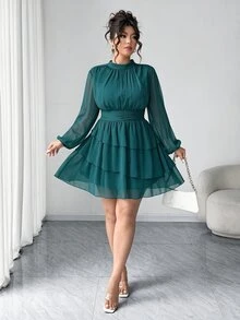 Elenzga 咖啡棕大尺碼女款優雅立領長袖主教袖短版A字純色層次拼接洋裝，秋季穿搭 - 水鴨藍 - 查看 4