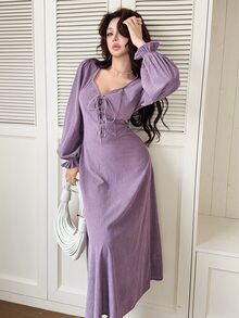 Feyla Women's Fashionable Vacation Dress With Drawstring Tie - Purple - View 2