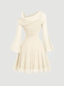 Skyraze Women's Solid Color Asymmetric Collar Flare Sleeve Mesh Patchwork Mini Dress - Apricot - View 5