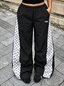 SHEIN Tween Girl Polka Dot Kids Print Colorblock Loose Sweatpants - Black and White - View 4
