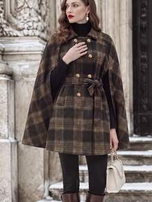 RosyDaze British Vintage Plaid Cape Overcoat For Women, Stand Collar Double-Breasted Mid-Length Elegant Shawl Coat - Multicolor - View 4