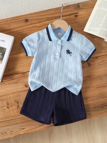 Souflis Souflis 男嬰海軍藍馬匹印花夏季提花 Polo 領短袖短褲兩件套 - 淺藍色 - 查看 6