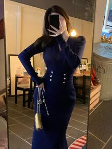 DAZY Đầm len nữ cổ chữ V sâu thanh lịch - Màu xanh hải quân - Xem 3