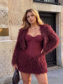 SHEIN ICON معطف فرو صناعي أنيق بأكمام طويلة مقاس كبير - عنابي اللون - مشاهدة 1