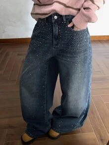 DAZY Quần jeans denim nữ ống suông rộng đính đá phong cách thường ngày - Rửa trung bình - Xem 8