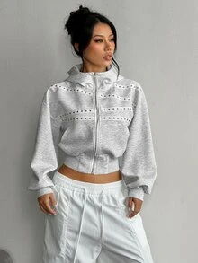 Dewbera Dewbera Women's American Punk Rivet Decor Hooded Sweatshirt, Short Zip-Up Sweatshirt With Dropped Shoulders, Casual Outerwear - White - View 4