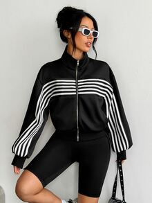 Dewbera Dewbera Women's American Retro Colorblock White Striped Stand Collar Zip-Up Sports Jacket, Loose Casual Open Front Sweatshirt - Black - View 4