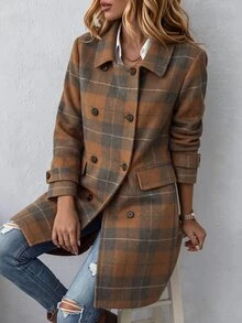 Holdful Holdful Winter Clothes Women's Brown Grey Plaid Wool Blend Coat, Notched Collar, Double Breasted Button - Multicolor - View 5