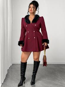 Elenzga Plus Size Women's Fuzzy Patchwork Casual Versatile Overcoat - Burgundy - View 4
