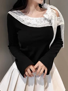 FRIFUL Áo thun nữ họa tiết chấm bi phối màu phong cách thường ngày thoải mái - màu đen - Xem 5