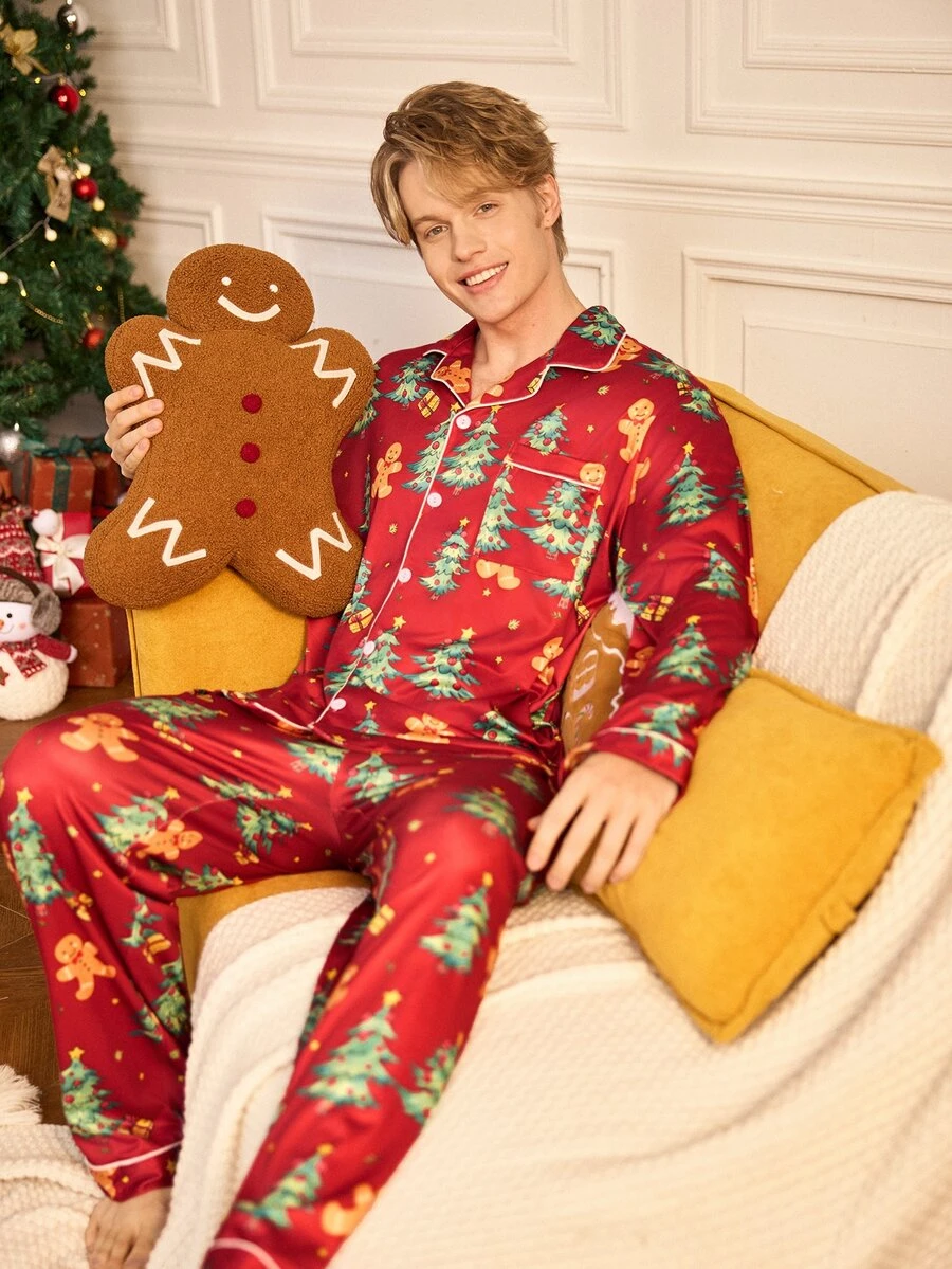 Notgurli Men's Christmas Gingerbread Man Lapel Long Sleeve Top & Pants Set - Multicolor - View 1