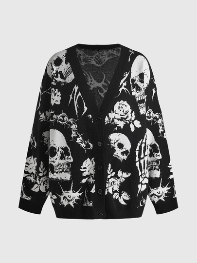 Goth Cardigan holgado de mujer con estampado jacquard completo de calavera gótica en blanco y negro