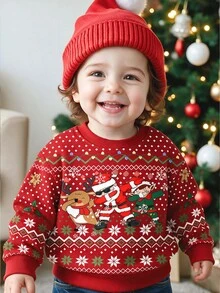 小男孩休閒極簡時尚經典酷感聖誕系列，聖誕馴鹿、聖誕禮物、聖誕雪花、聖誕老人、聖誕圖案印花寬鬆圓領舒適針織長袖衛衣，適合秋冬，適合聖誕節 - 彩色 - 查看 1
