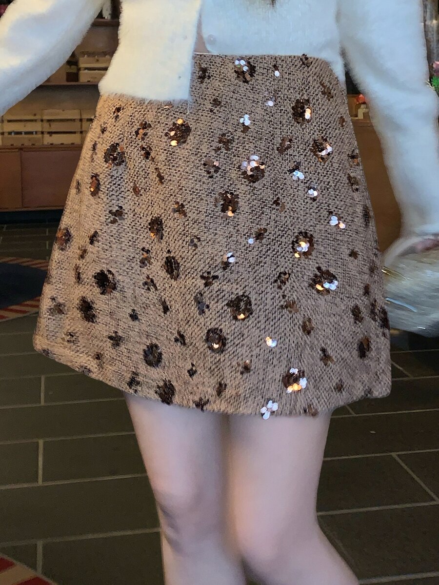 DAZY Women's Sequin Fashion Versatile Daily Wear Skirt - Khaki - View 1