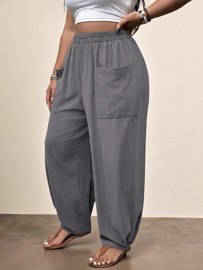 Freevana Plus Size Solid Color Pleated Pants With Pockets, Ideal For Vacation And Casual Wear