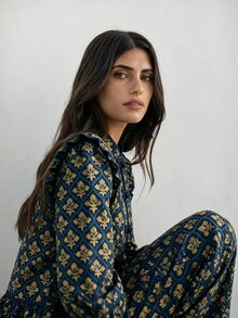 Nöista New Chinese Retro Print Ruffle Two Pieces Set - Blue - View 6