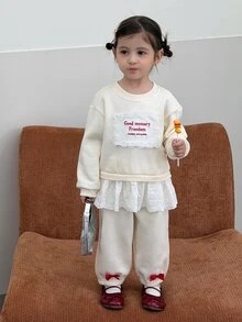 Dazy Kids Infant (Girl) Round Neck Korean Style Long Sleeve 2 Pieces Sweatshirt Set - Beige - View 3