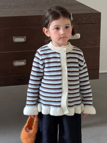 Dazy Kids كارديجان أكمام طويلة بياقة دائرية مخططة بأسلوب كوري للرضع/الأطفال الصغار (البنات) للخريف/الشتاء - الأزرق - مشاهدة 4